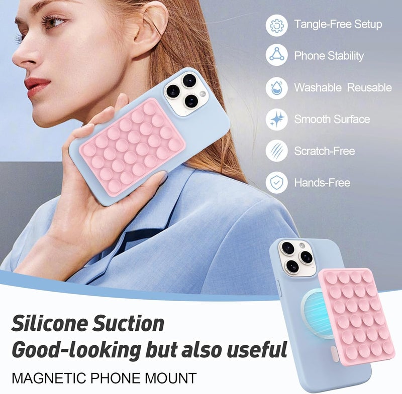 OPOM Magnetic Suction Phone Mount for MagSafe Case,Silicone Sticky Phone Grip Holder for iPhone,Removable Hands-Free Selfie/Video for TikTok & Instagram Influencer/Creator (Light Pink) - Image 3